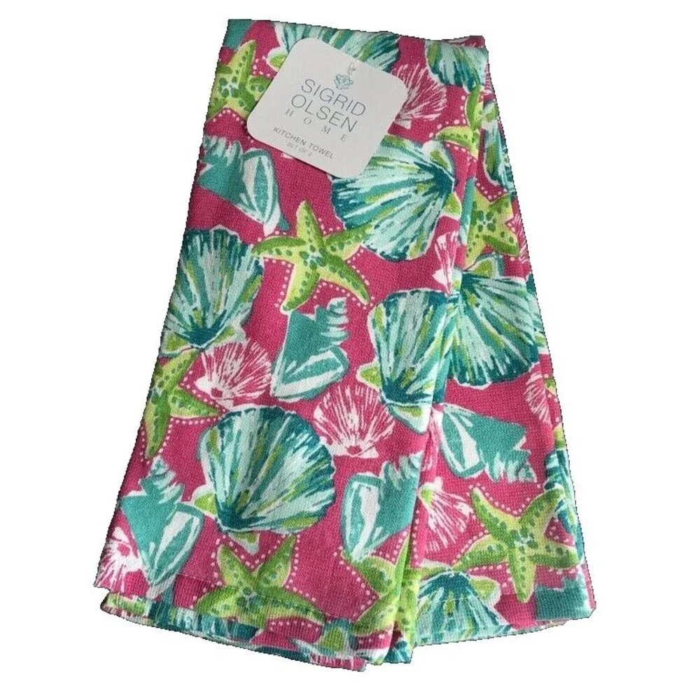 Sigrid Olsen Kitchen Dish Towels Set of 2 Starfish Shells Beach House Pink Green